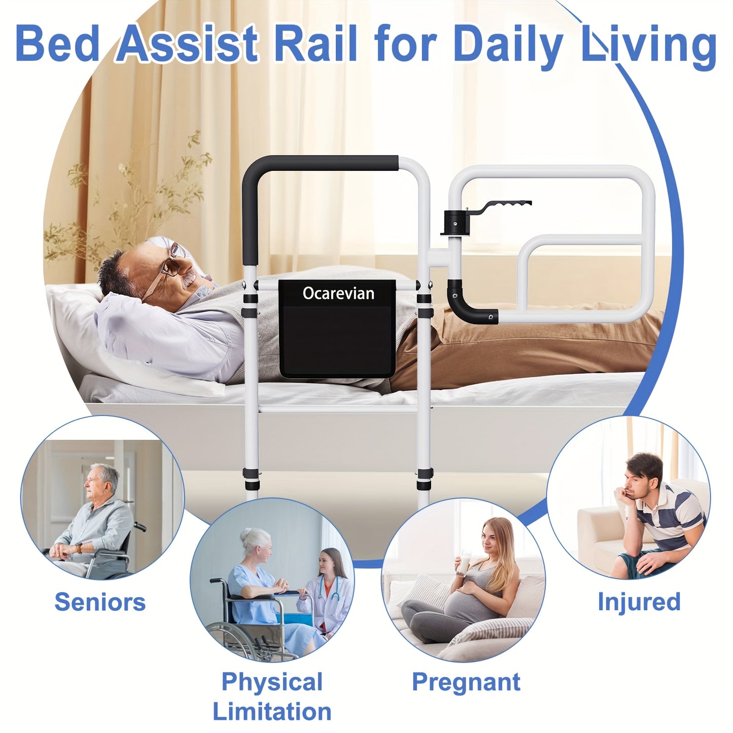 Bed Rails for Elderly Adult Safety, Bed Guard Rails for Adults, Bed Assist Rails for Seniors, Bed Side Rail with Storage Pouch, Adjustable Bed Safety Rail for King Queen Full Twin Size Bed
