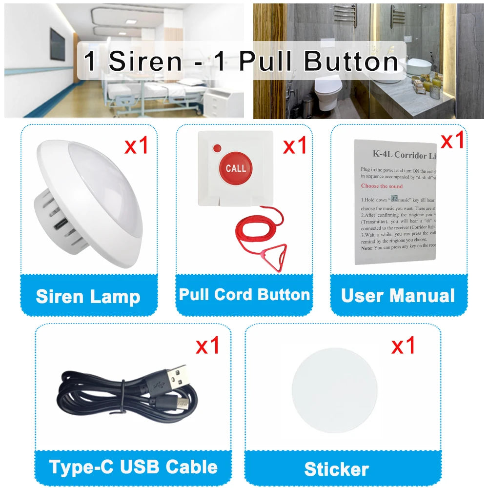 Caregiver Pager Panic Button Wireless Nurse Call Siren Alarm Buzzer System for Elderly Disabled Seniors Toliet Bathroom Hospital