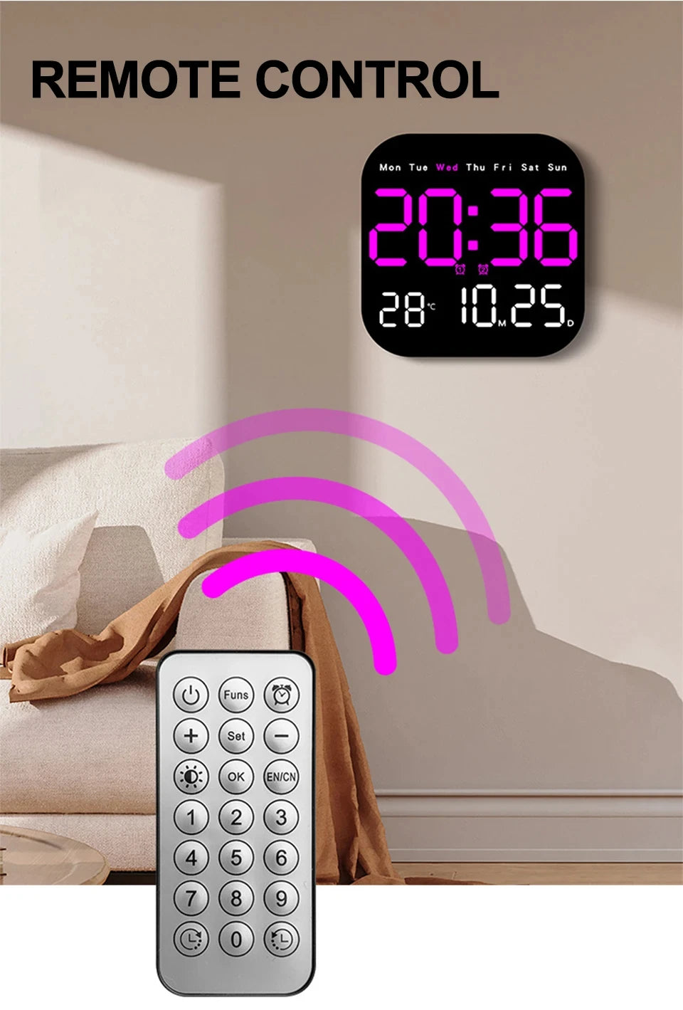 Digital Wall Clock LED Alarm Clock Large Display With Timing Function Remote Control Clock for Living Room Office Bedroom Decor