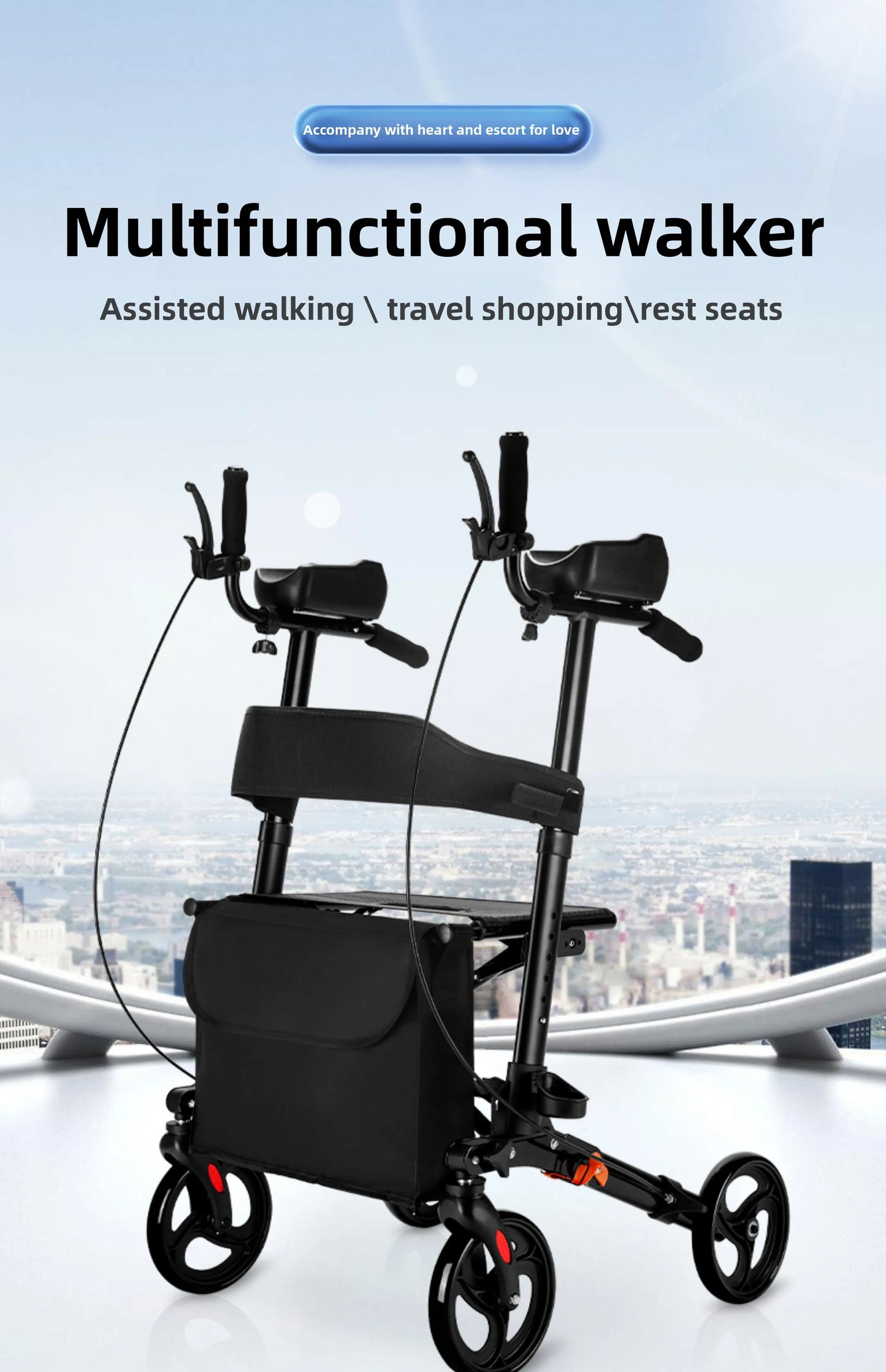 Foldable Walker with Seat & Adjustable Height - Mobility Aid Push Cart for Elderly, Portable Assistive Walking Support Rollator