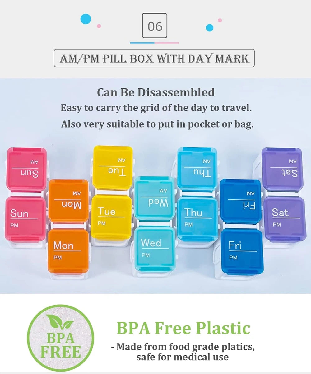 7-Day Pill Organizer with Medicine Reminder Alarm Weekly Large Capacity Vitamin Box Organizer AM PM Daily Travel Medication Box
