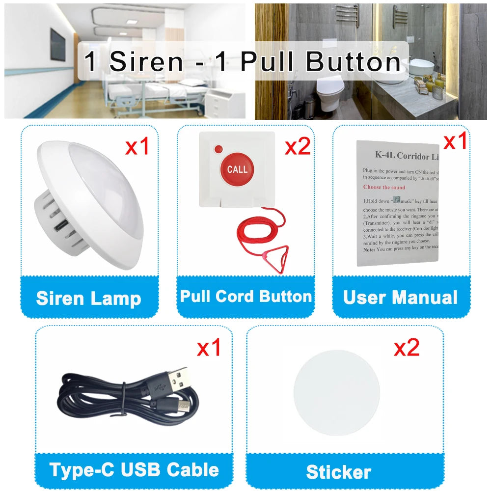 Caregiver Pager Panic Button Wireless Nurse Call Siren Alarm Buzzer System for Elderly Disabled Seniors Toliet Bathroom Hospital