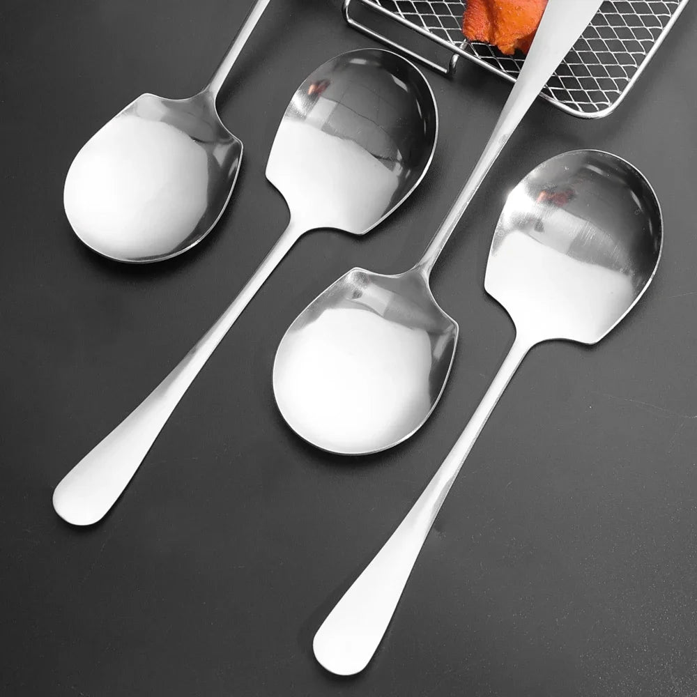 Stainless Steel Large Spoon Long Handle Soup Public Spoons Big Head Round Fruit Food Scoop Kitchen Restaurant Tableware Ladle