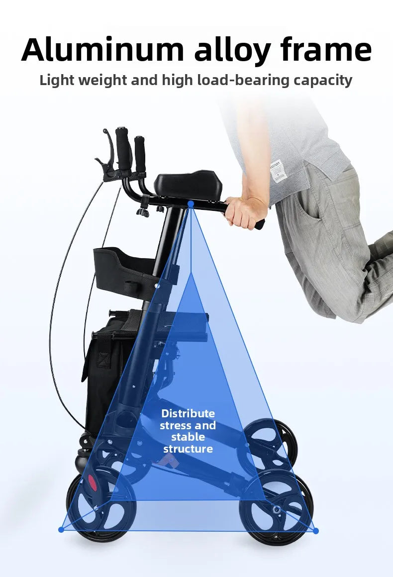 Foldable Walker with Seat & Adjustable Height - Mobility Aid Push Cart for Elderly, Portable Assistive Walking Support Rollator