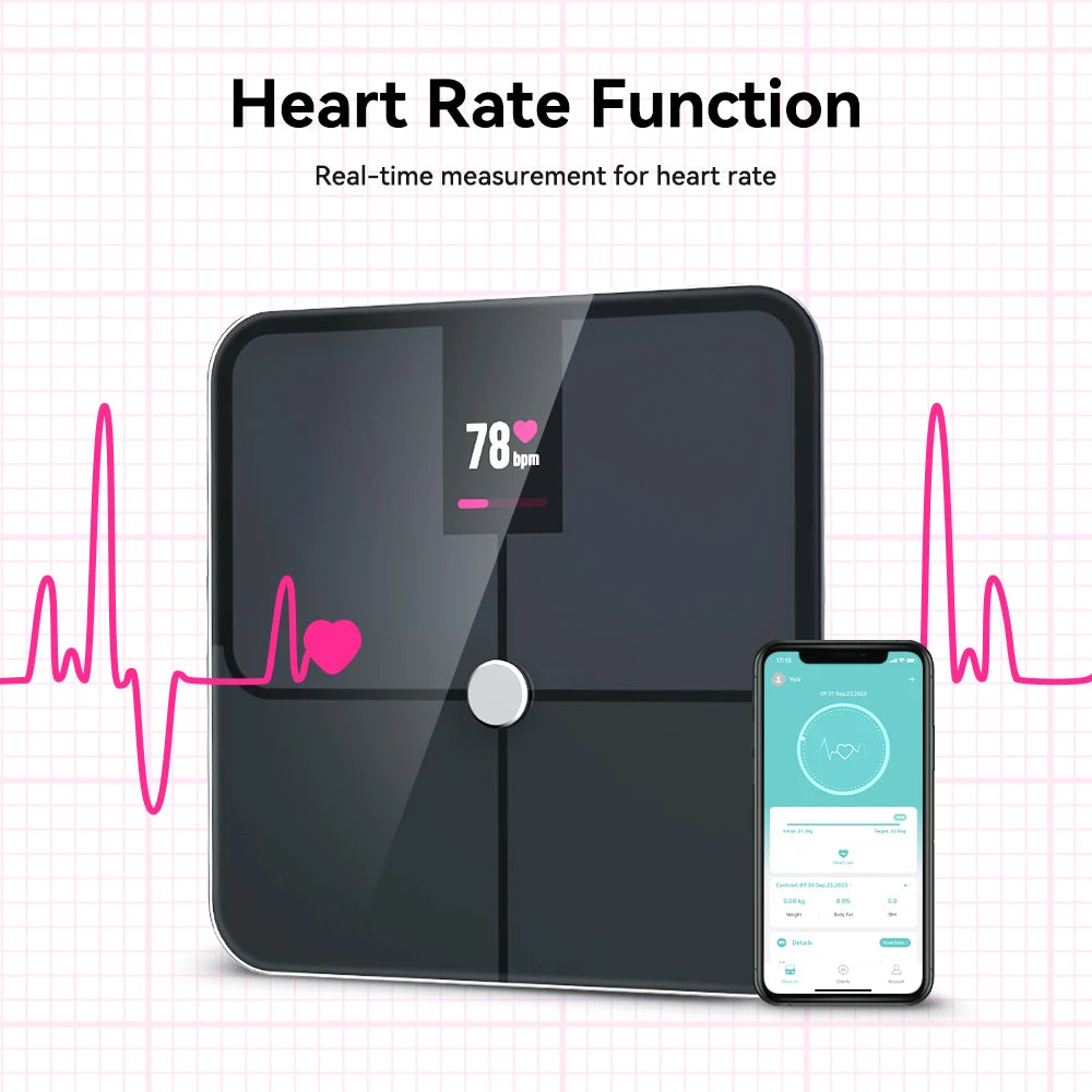 Digital Body Fat Scales, Human Body Scale, Smart TFT Color Screen, Heart Rate, Precise and Professional Smart Body Weight Scale