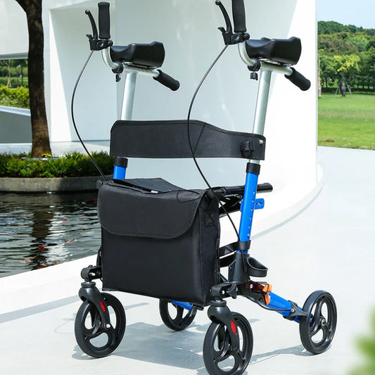 Foldable Walker with Seat & Adjustable Height - Mobility Aid Push Cart for Elderly, Portable Assistive Walking Support Rollator