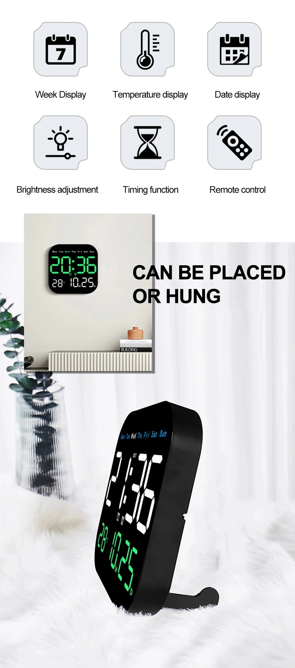 Digital Wall Clock LED Alarm Clock Large Display With Timing Function Remote Control Clock for Living Room Office Bedroom Decor