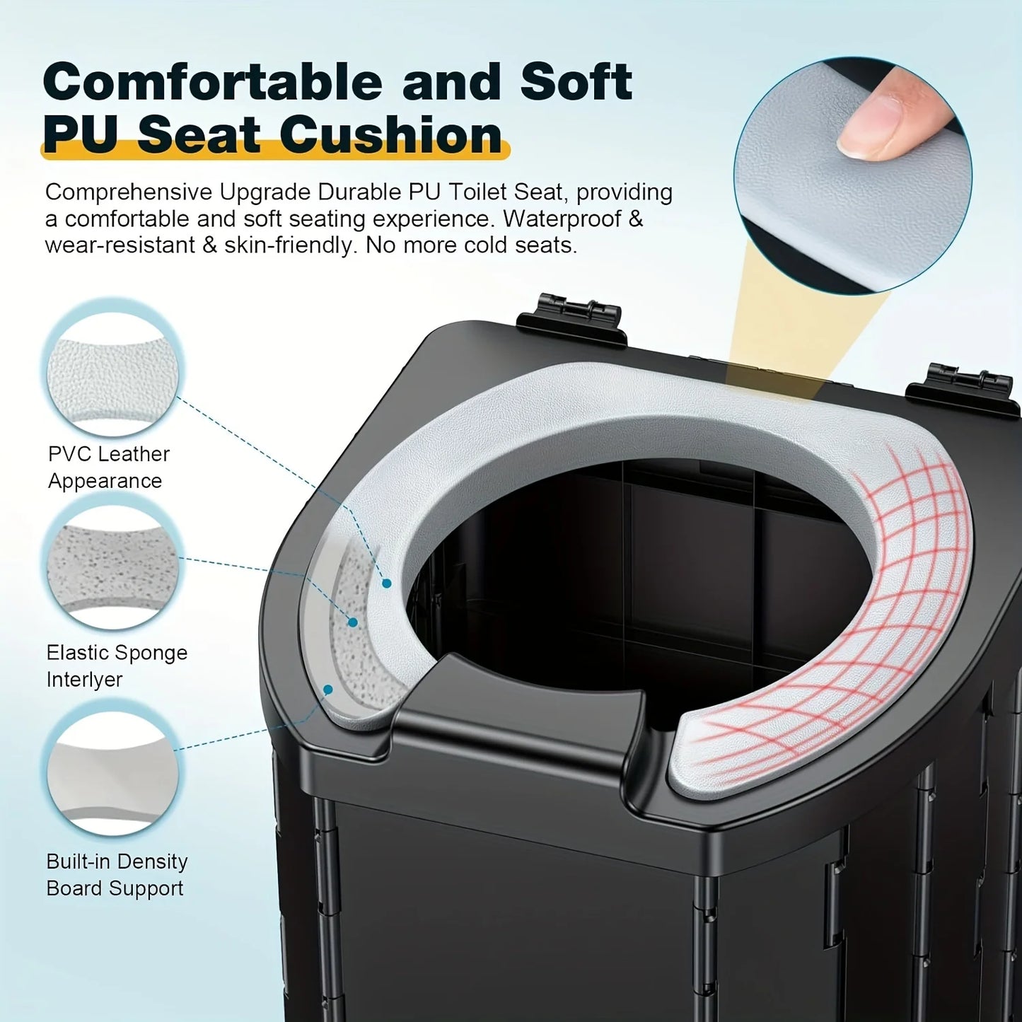 Portable Folding Toilet With PU Seat Cushion, Portable Toilet With Lid For RV, Car, Camping, Hiking, Travelling