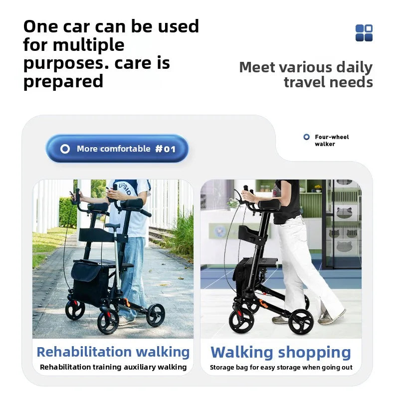 Foldable Walker with Seat & Adjustable Height - Mobility Aid Push Cart for Elderly, Portable Assistive Walking Support Rollator
