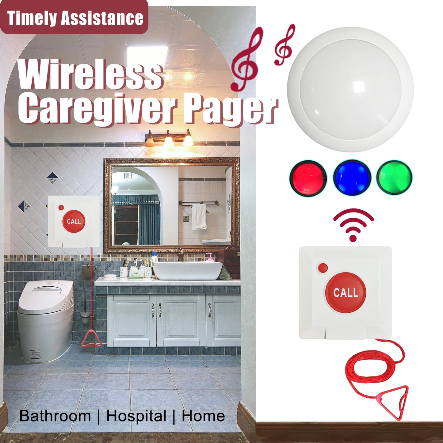Caregiver Pager Panic Button Wireless Nurse Call Siren Alarm Buzzer System for Elderly Disabled Seniors Toliet Bathroom Hospital