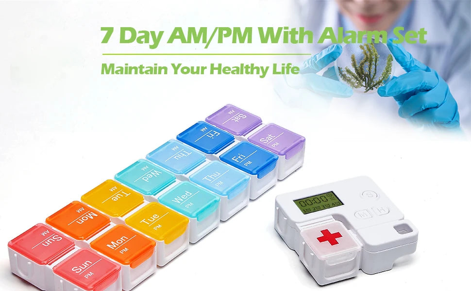7-Day Pill Organizer with Medicine Reminder Alarm Weekly Large Capacity Vitamin Box Organizer AM PM Daily Travel Medication Box
