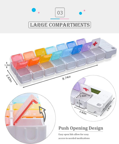 7-Day Pill Organizer with Medicine Reminder Alarm Weekly Large Capacity Vitamin Box Organizer AM PM Daily Travel Medication Box