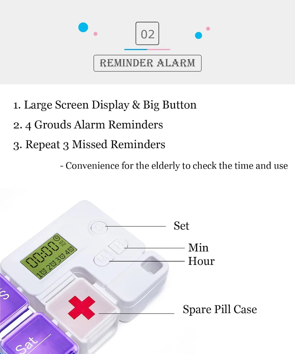 7-Day Pill Organizer with Medicine Reminder Alarm Weekly Large Capacity Vitamin Box Organizer AM PM Daily Travel Medication Box