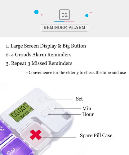 7-Day Pill Organizer with Medicine Reminder Alarm Weekly Large Capacity Vitamin Box Organizer AM PM Daily Travel Medication Box