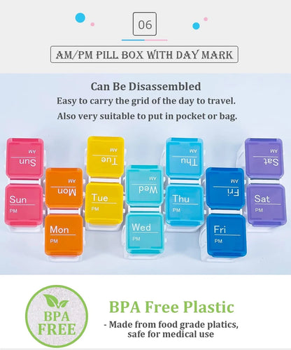 7-Day Pill Organizer with Medicine Reminder Alarm Weekly Large Capacity Vitamin Box Organizer AM PM Daily Travel Medication Box