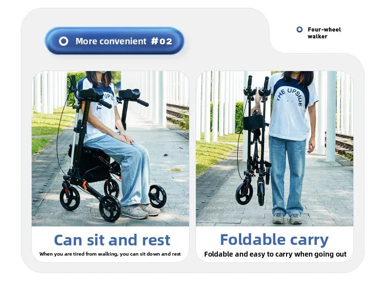 Foldable Walker with Seat & Adjustable Height - Mobility Aid Push Cart for Elderly, Portable Assistive Walking Support Rollator