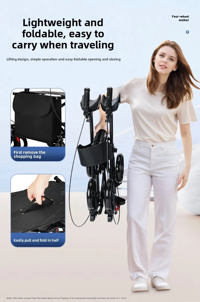 Foldable Walker with Seat & Adjustable Height - Mobility Aid Push Cart for Elderly, Portable Assistive Walking Support Rollator