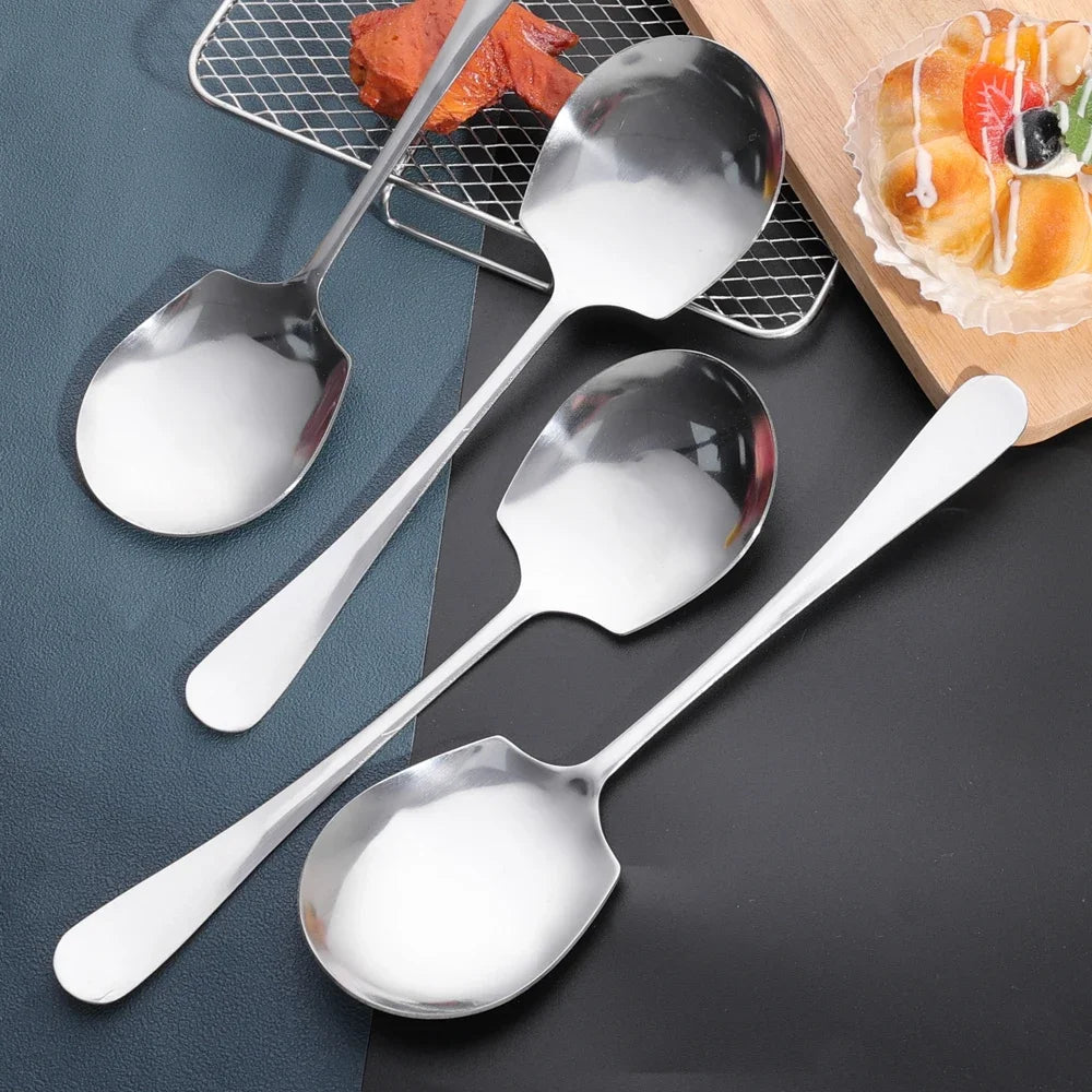 Stainless Steel Large Spoon Long Handle Soup Public Spoons Big Head Round Fruit Food Scoop Kitchen Restaurant Tableware Ladle