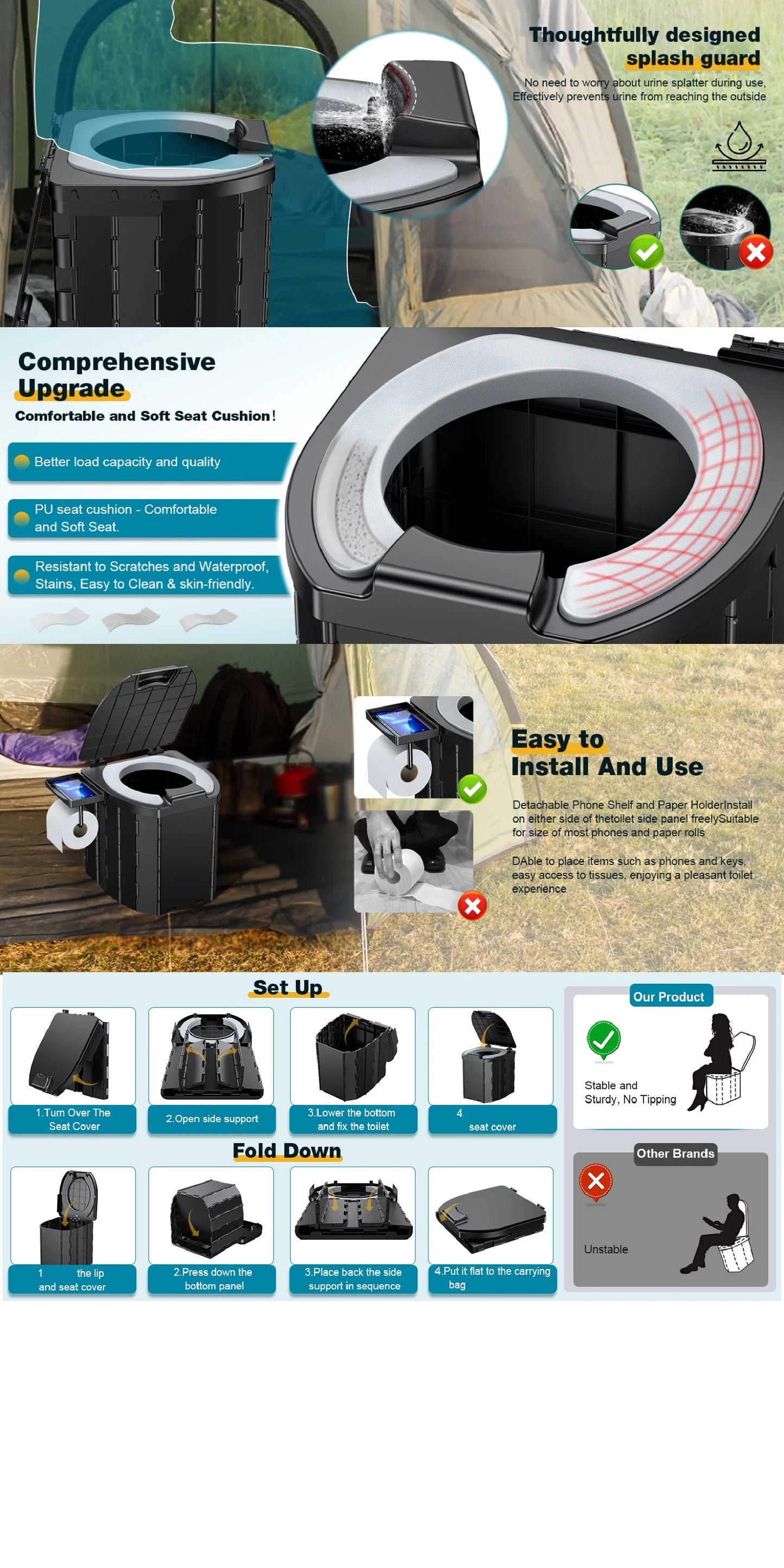 Portable Folding Toilet With PU Seat Cushion, Portable Toilet With Lid For RV, Car, Camping, Hiking, Travelling