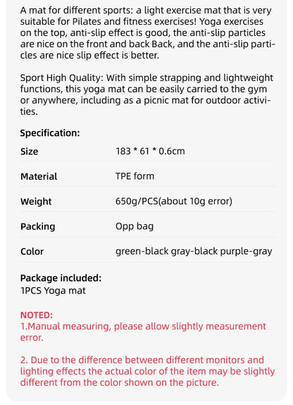 Yoga Mat, Anti Slip and Environmentally Friendly Fitness Exercise Mat with Shoulder Straps, Professional Yoga Mat, Suitable