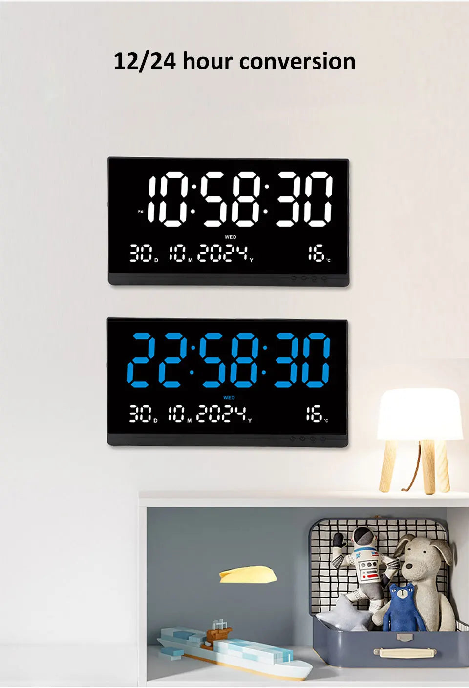 21 Inch Large Digital Wall Clock Large LED Screen Display Clock with Time/Date/Week/Temperature 12/24H Adjustable Brightness
