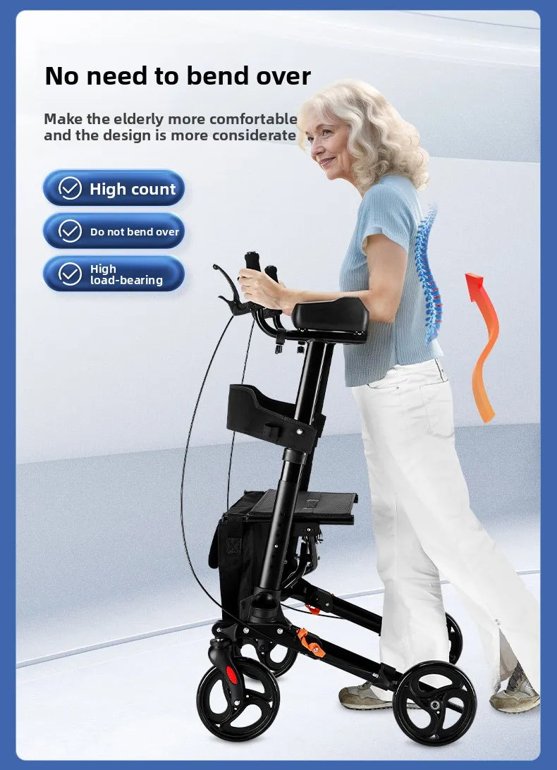 Foldable Walker with Seat & Adjustable Height - Mobility Aid Push Cart for Elderly, Portable Assistive Walking Support Rollator