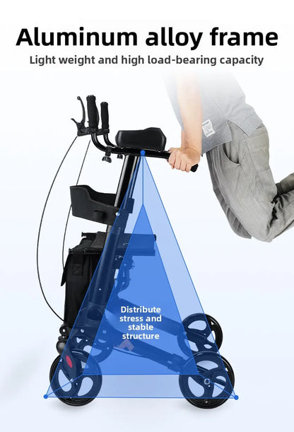 Foldable Walker with Seat & Adjustable Height - Mobility Aid Push Cart for Elderly, Portable Assistive Walking Support Rollator