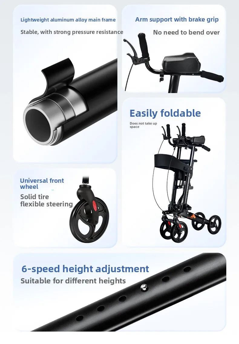 Foldable Walker with Seat & Adjustable Height - Mobility Aid Push Cart for Elderly, Portable Assistive Walking Support Rollator