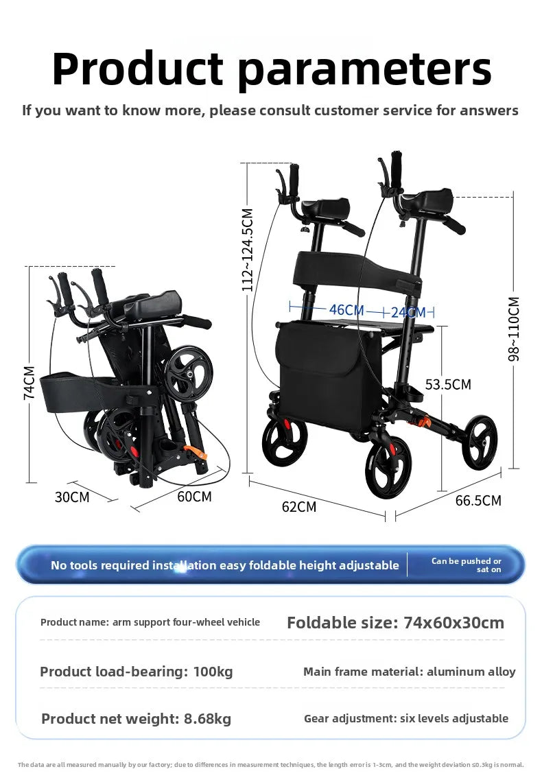 Foldable Walker with Seat & Adjustable Height - Mobility Aid Push Cart for Elderly, Portable Assistive Walking Support Rollator