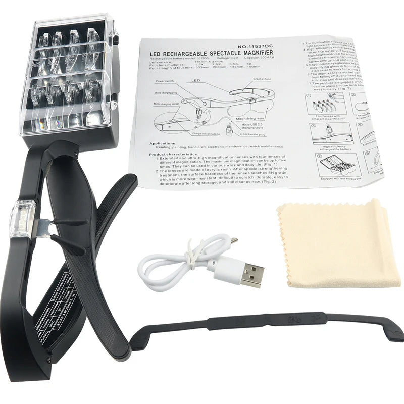 Magnifying Glasses With light LED Reading  Watchmaker Repair Wearing Magnifier 1.5X 2.5X 3.5X 5.0X Usb Rechargeable