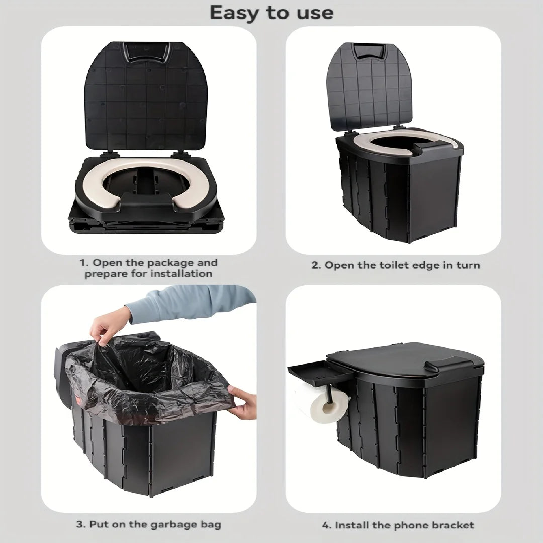 Portable Folding Toilet With PU Seat Cushion, Portable Toilet With Lid For RV, Car, Camping, Hiking, Travelling