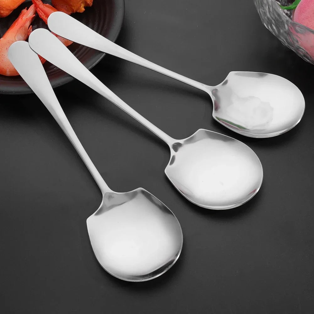 Stainless Steel Large Spoon Long Handle Soup Public Spoons Big Head Round Fruit Food Scoop Kitchen Restaurant Tableware Ladle